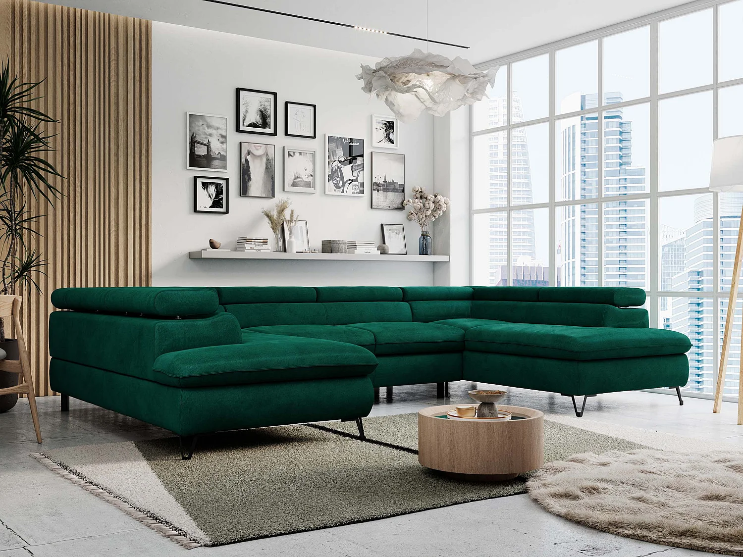 Ecksofa PETER U - schlaffunktion und Bettkästen, verstellbare Kopfstützen - Grün Velvet