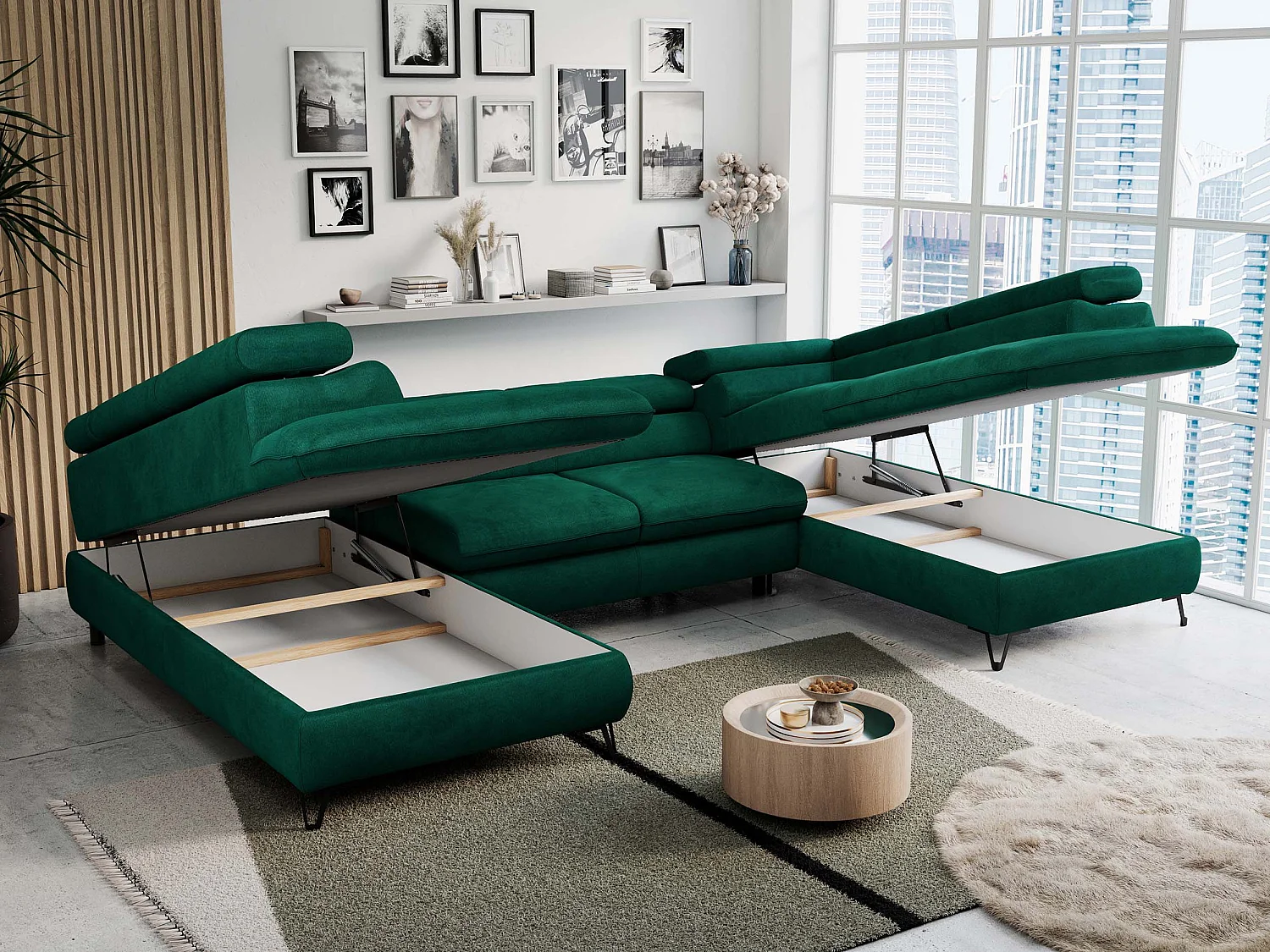 Ecksofa PETER U - schlaffunktion und Bettkästen, verstellbare Kopfstützen - Grün Velvet