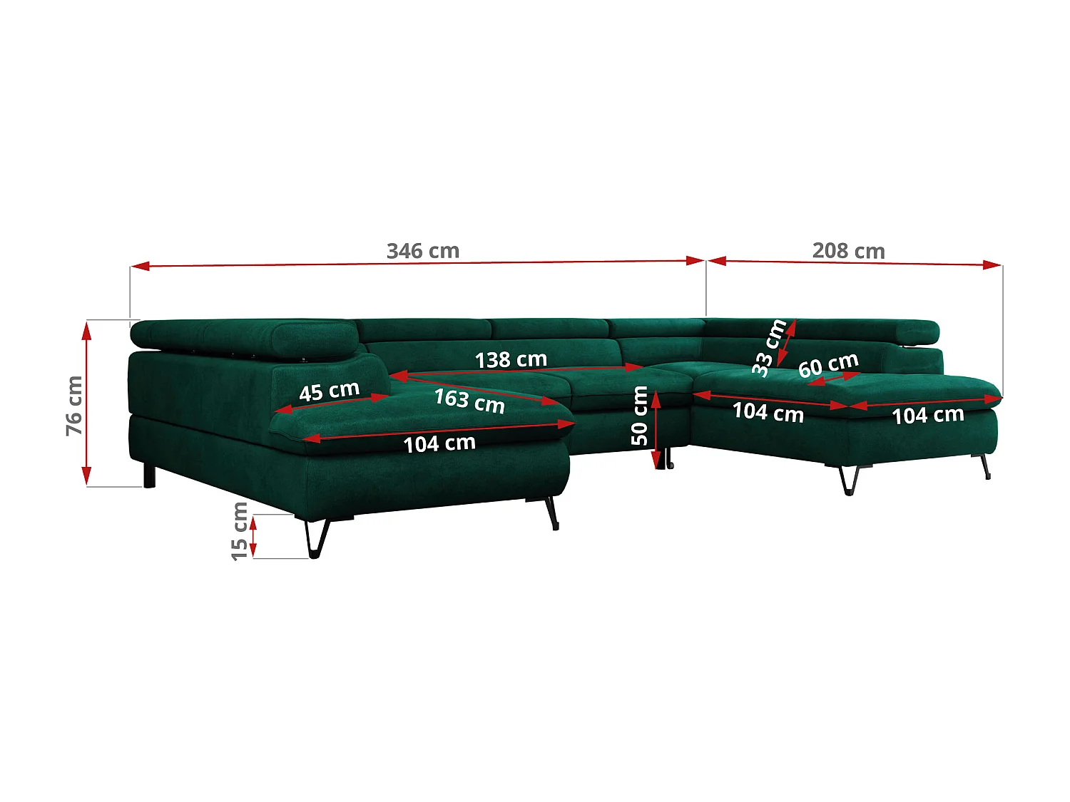 Ecksofa PETER U - schlaffunktion und Bettkästen, verstellbare Kopfstützen - Grün Velvet