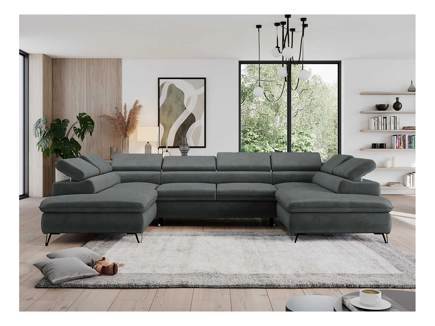 Ecksofa PEDRO U - XXL U-förmige Ecke, schlaffunktion und Bettkästen - Dunkelgrau Velvet