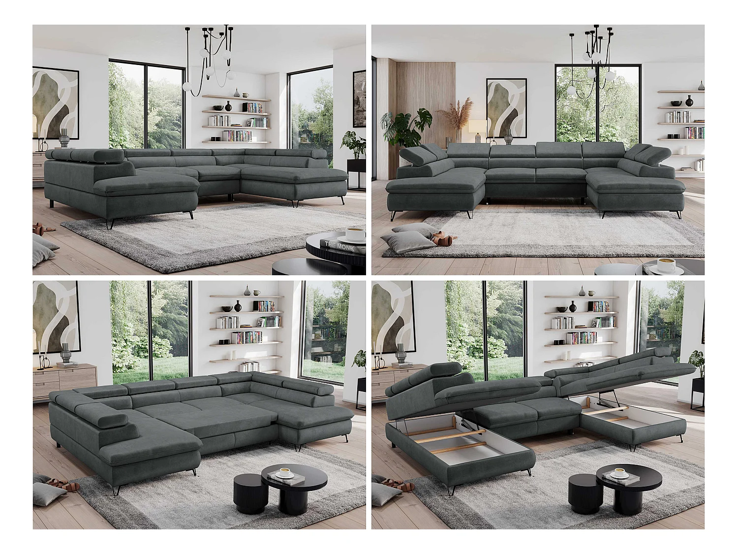 Ecksofa PEDRO U - XXL U-förmige Ecke, schlaffunktion und Bettkästen - Dunkelgrau Velvet