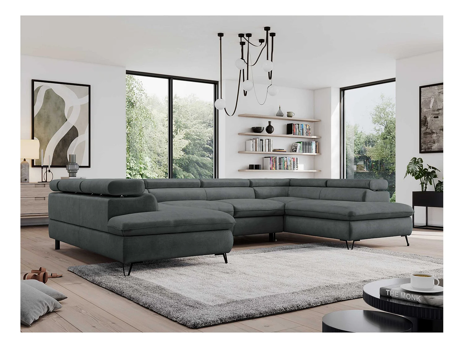 Ecksofa PEDRO U - XXL U-förmige Ecke, schlaffunktion und Bettkästen - Dunkelgrau Velvet