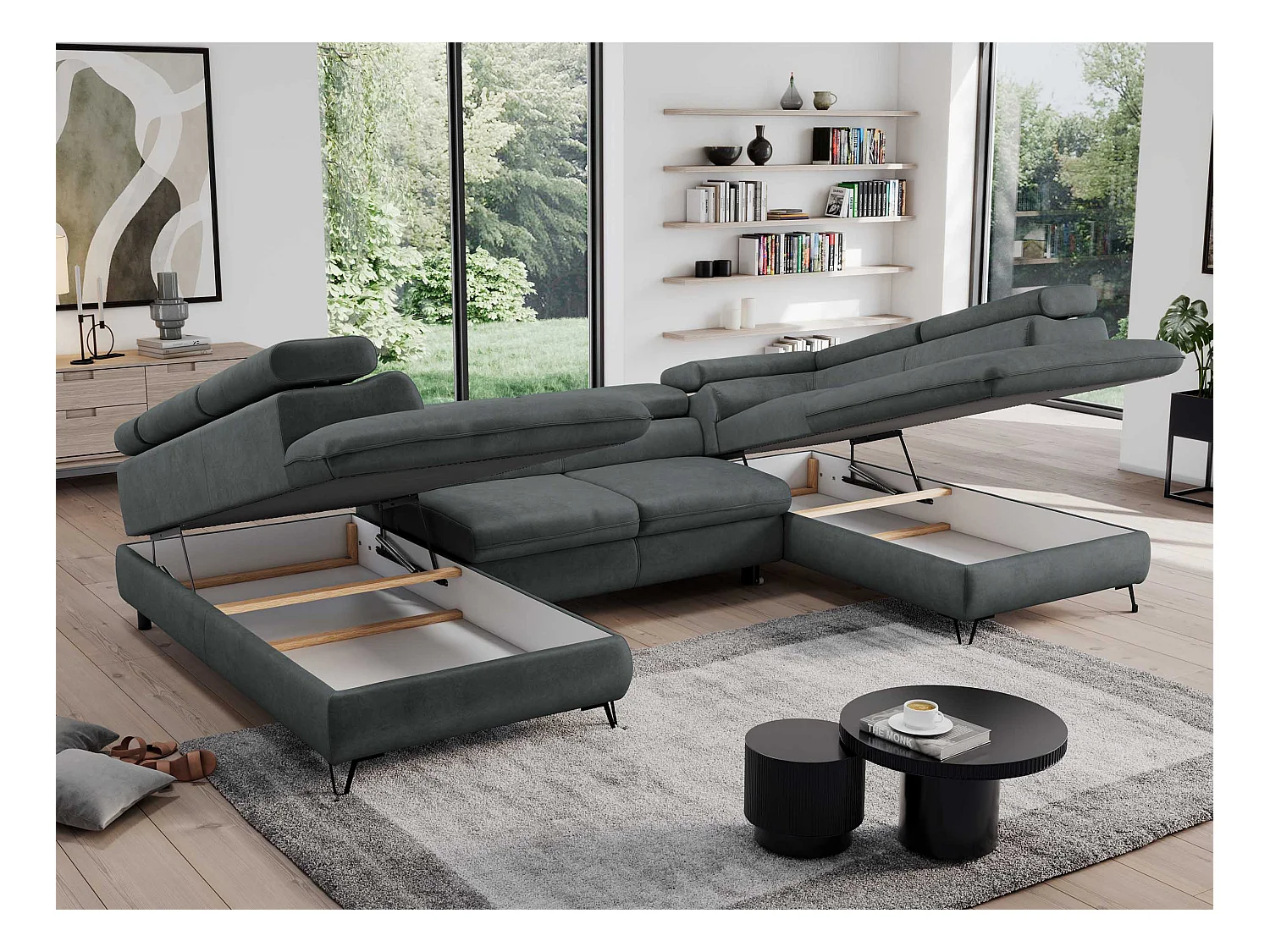 Ecksofa PEDRO U - XXL U-förmige Ecke, schlaffunktion und Bettkästen - Dunkelgrau Velvet