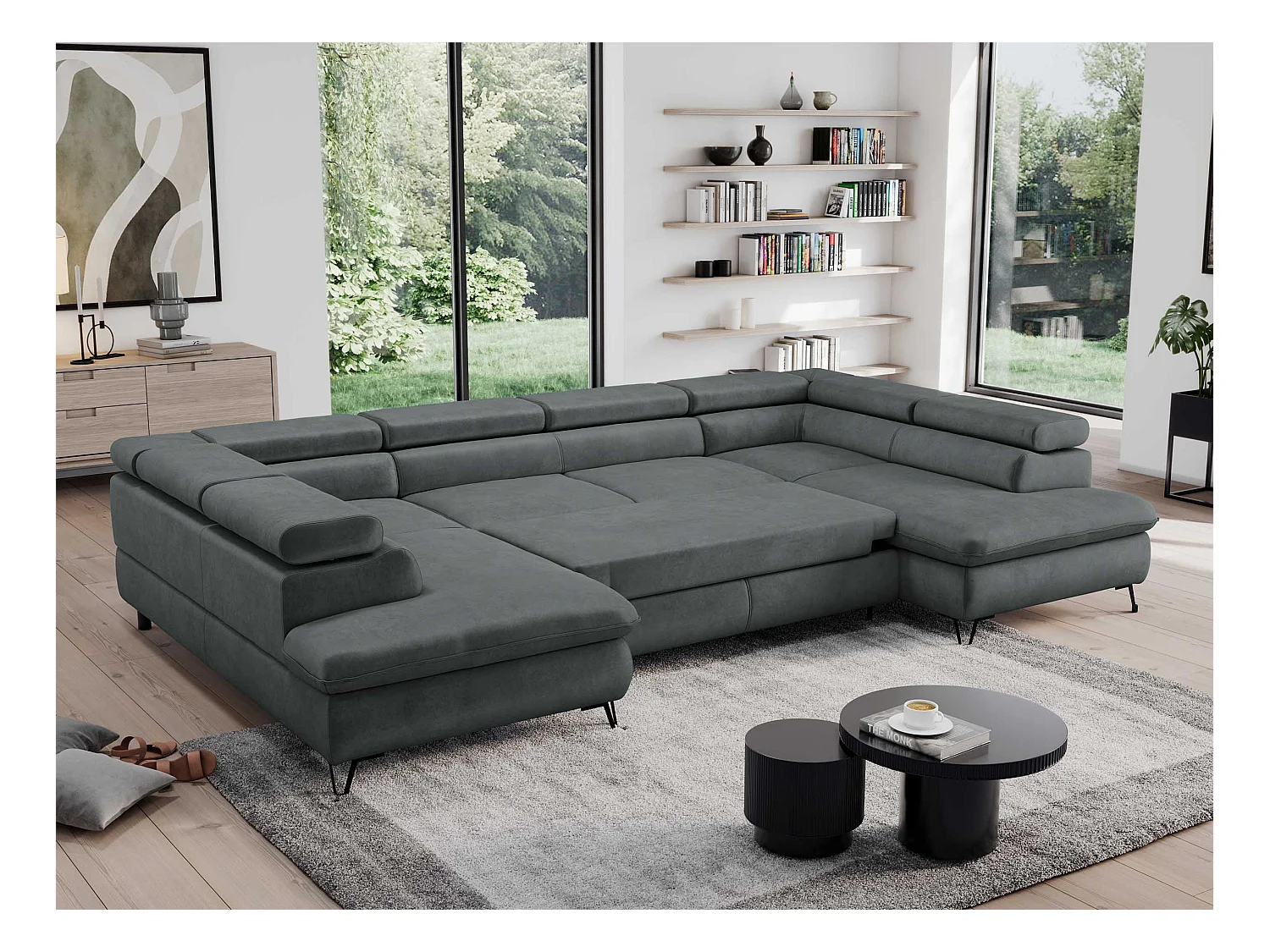 Ecksofa PEDRO U - XXL U-förmige Ecke, schlaffunktion und Bettkästen - Dunkelgrau Velvet