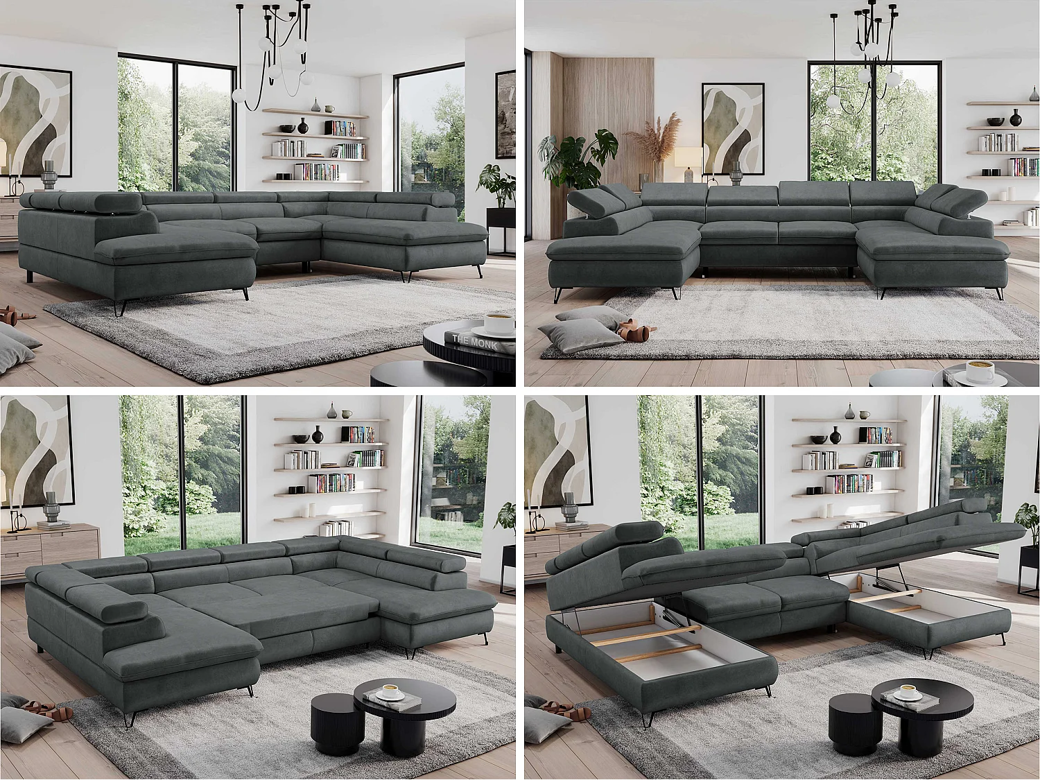 Ecksofa PEDRO U - XXL U-förmige Ecke, schlaffunktion und Bettkästen - Dunkelgrau Velvet