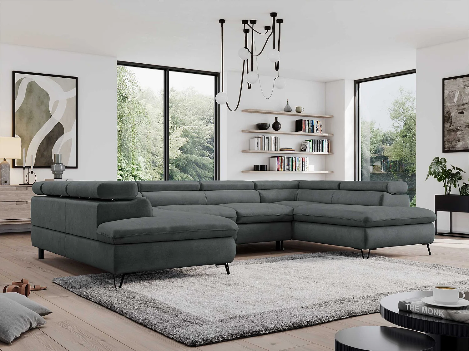 Ecksofa PEDRO U - XXL U-förmige Ecke, schlaffunktion und Bettkästen - Dunkelgrau Velvet