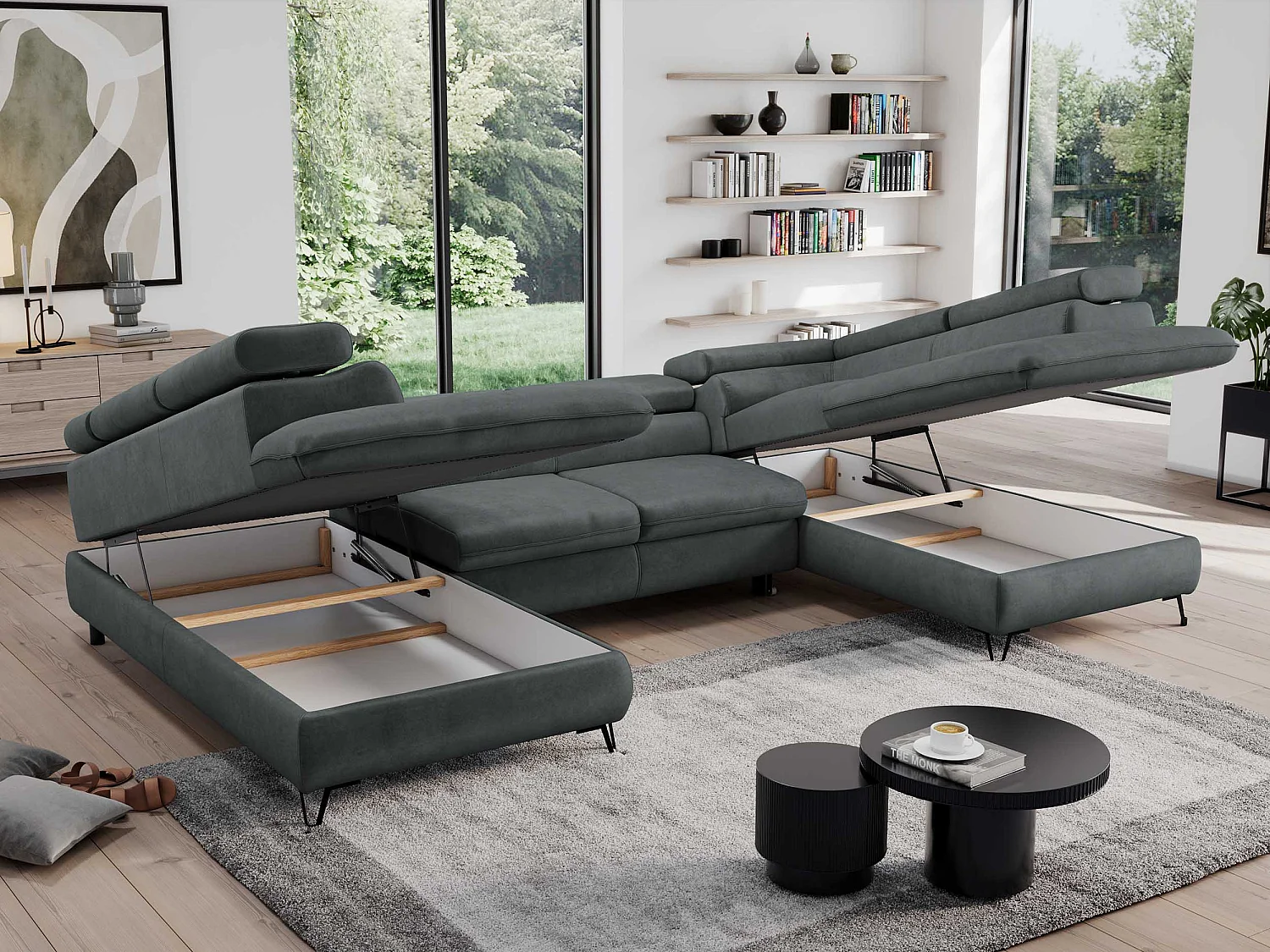 Ecksofa PEDRO U - XXL U-förmige Ecke, schlaffunktion und Bettkästen - Dunkelgrau Velvet