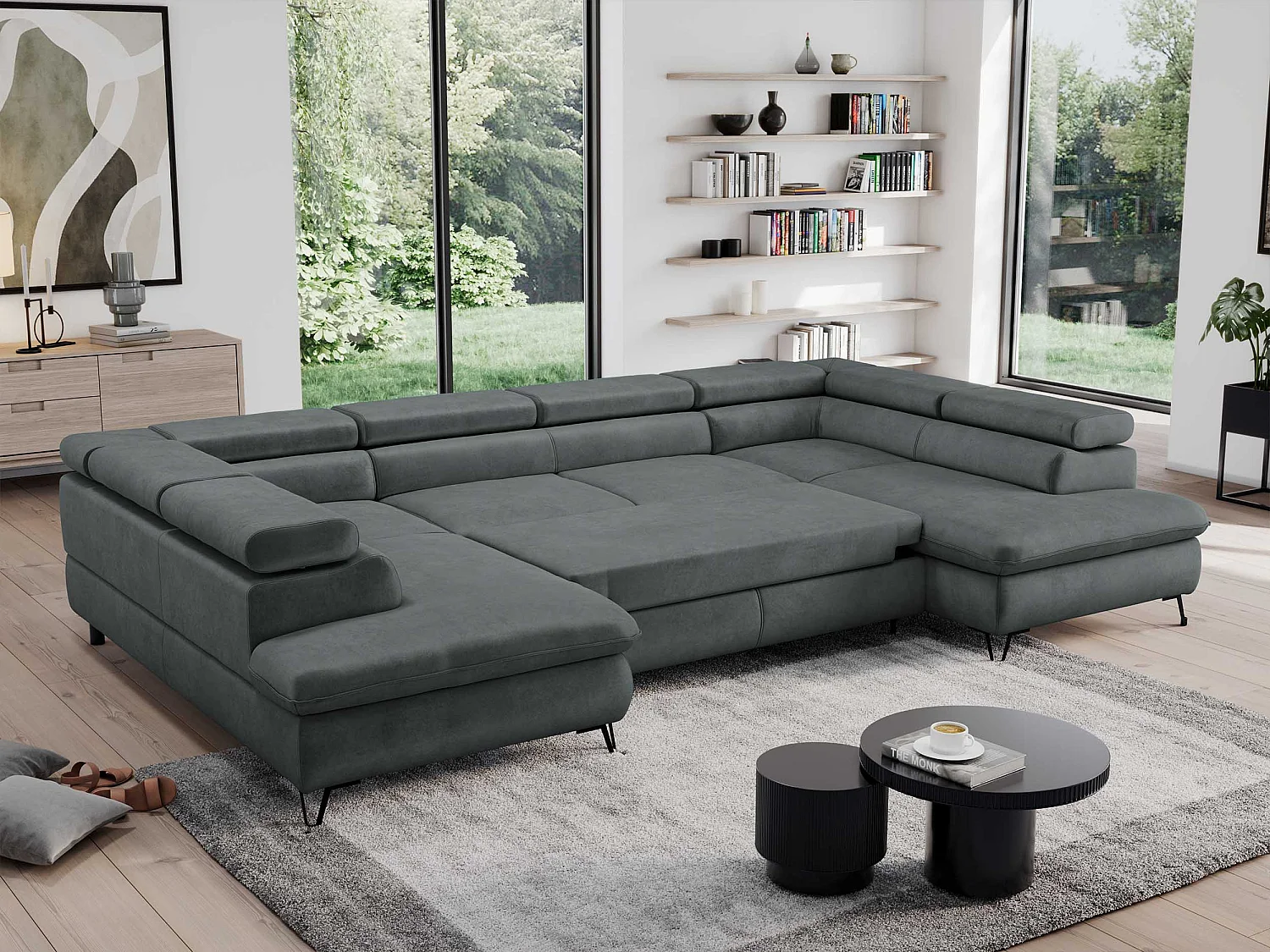 Ecksofa PEDRO U - XXL U-förmige Ecke, schlaffunktion und Bettkästen - Dunkelgrau Velvet