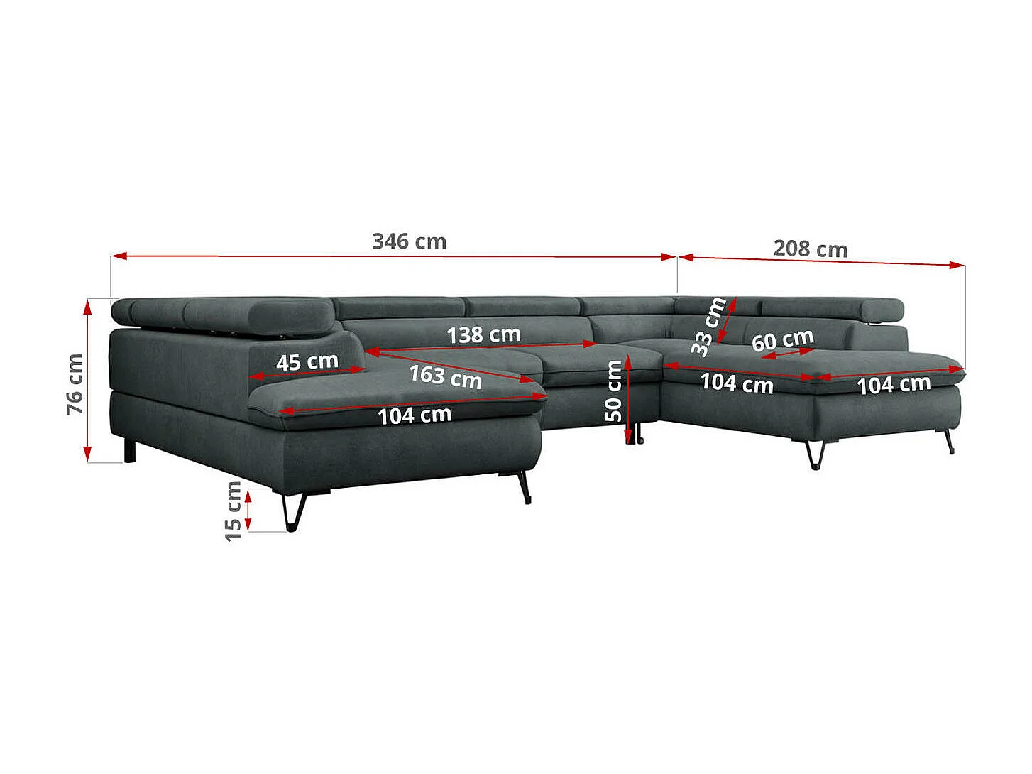 Ecksofa PEDRO U - XXL U-förmige Ecke, schlaffunktion und Bettkästen - Dunkelgrau Velvet