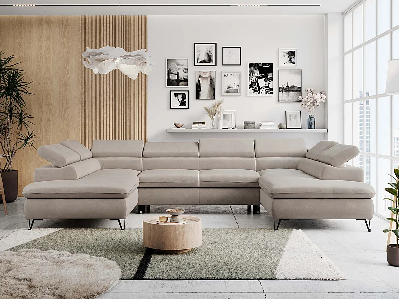 Ecksofa PETER U - schlaffunktion und Bettkästen, verstellbare Kopfstützen - Beige Velvet
