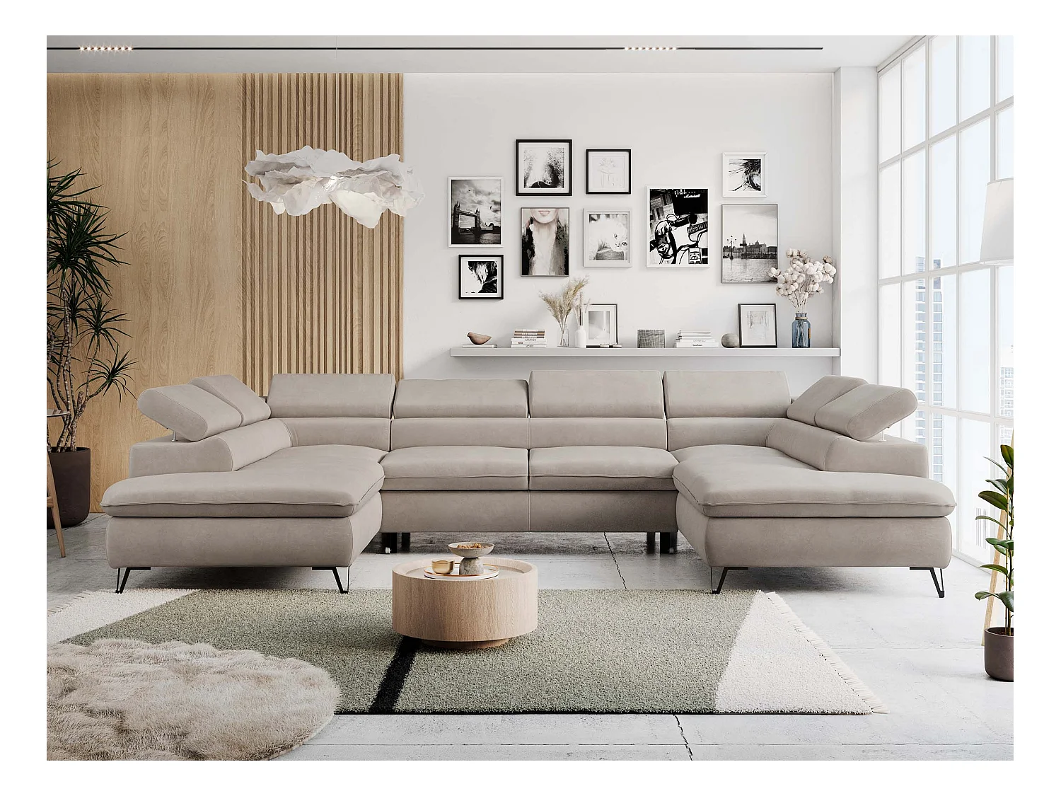 Ecksofa PETER U - schlaffunktion und Bettkästen, verstellbare Kopfstützen - Beige Velvet