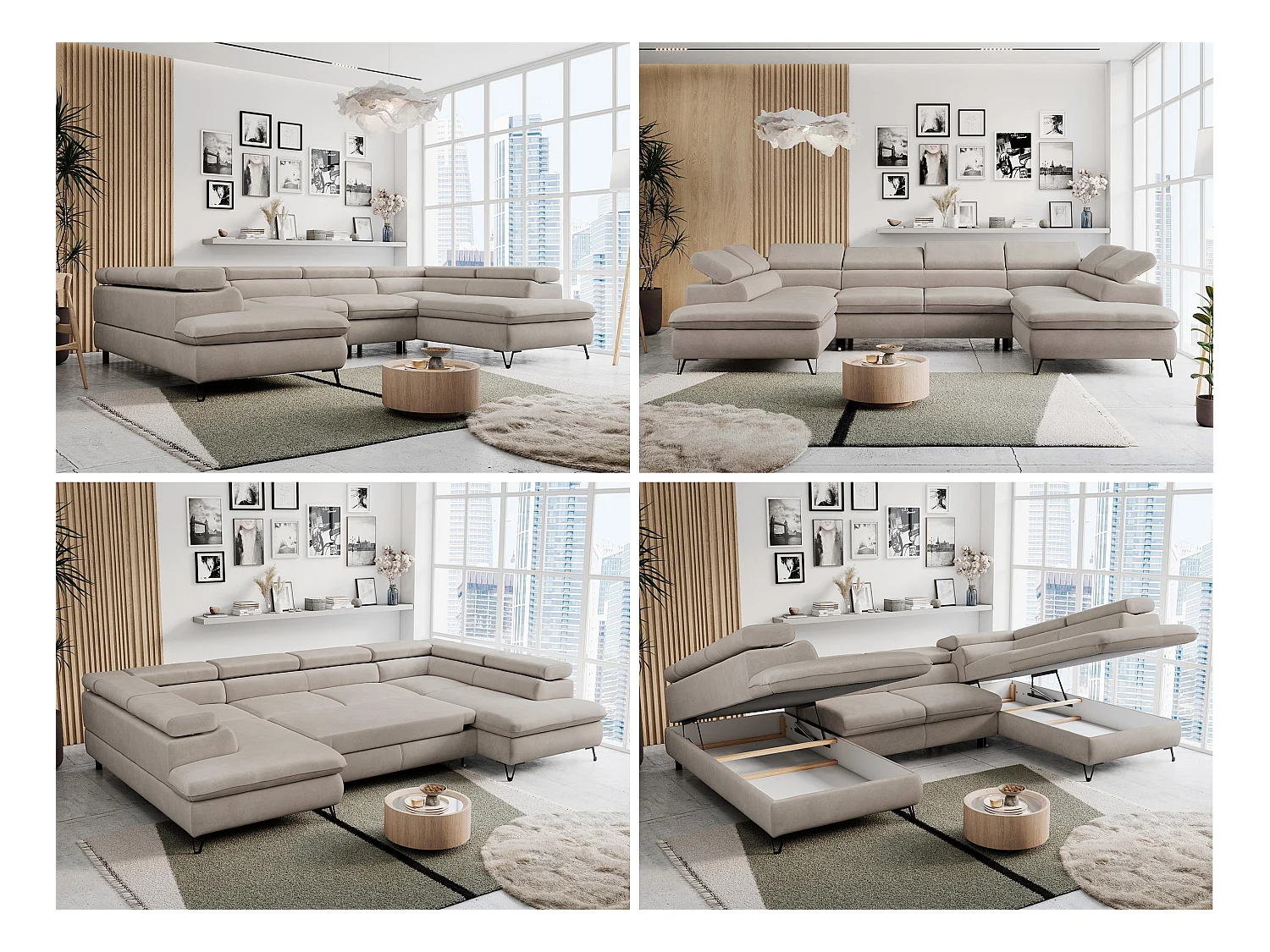 Ecksofa PETER U - schlaffunktion und Bettkästen, verstellbare Kopfstützen - Beige Velvet