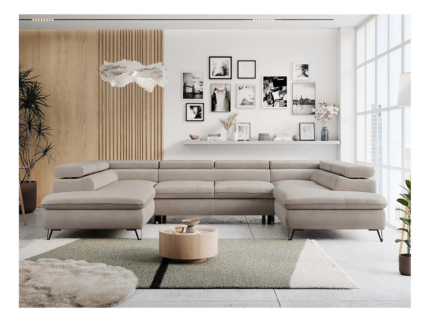Ecksofa PETER U - schlaffunktion und Bettkästen, verstellbare Kopfstützen - Beige Velvet