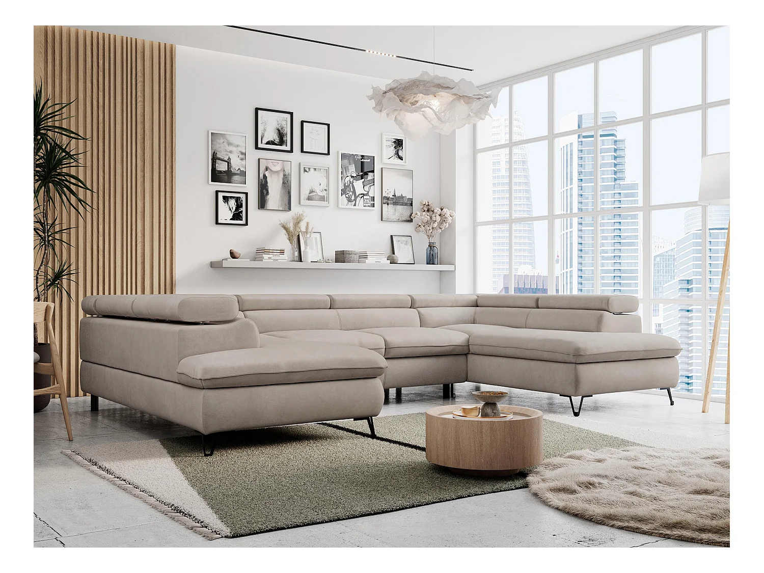 Ecksofa PETER U - schlaffunktion und Bettkästen, verstellbare Kopfstützen - Beige Velvet