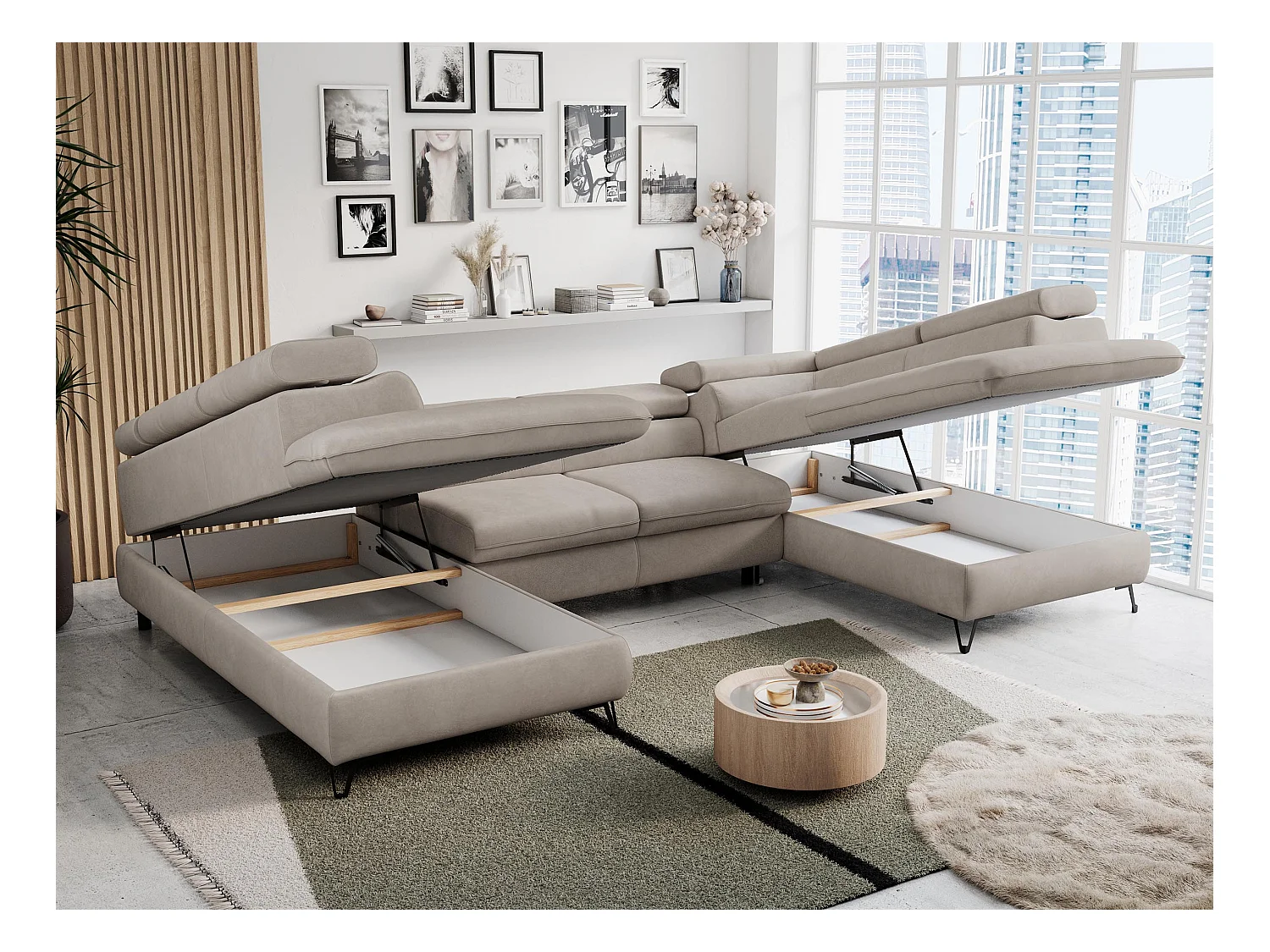 Ecksofa PETER U - schlaffunktion und Bettkästen, verstellbare Kopfstützen - Beige Velvet