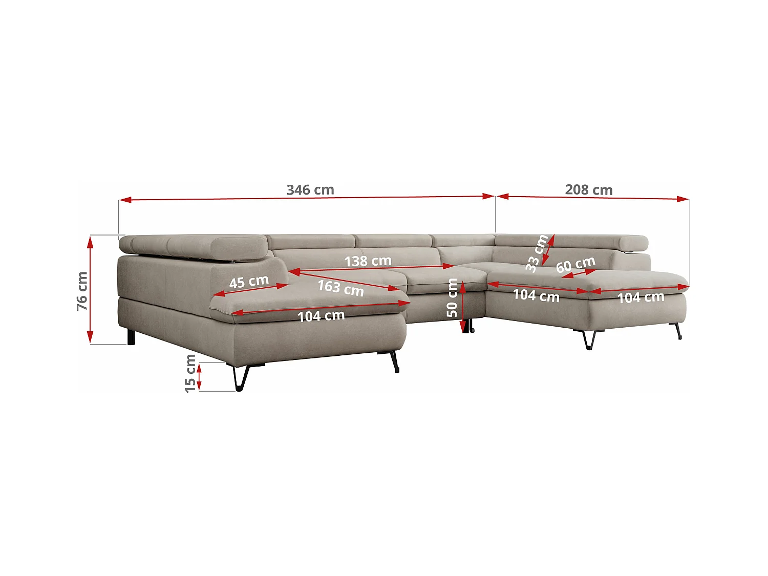 Ecksofa PETER U - schlaffunktion und Bettkästen, verstellbare Kopfstützen - Beige Velvet