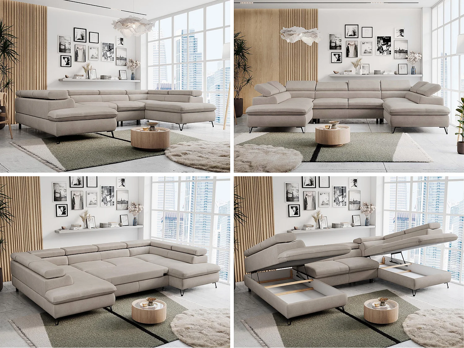 Ecksofa PETER U - schlaffunktion und Bettkästen, verstellbare Kopfstützen - Beige Velvet