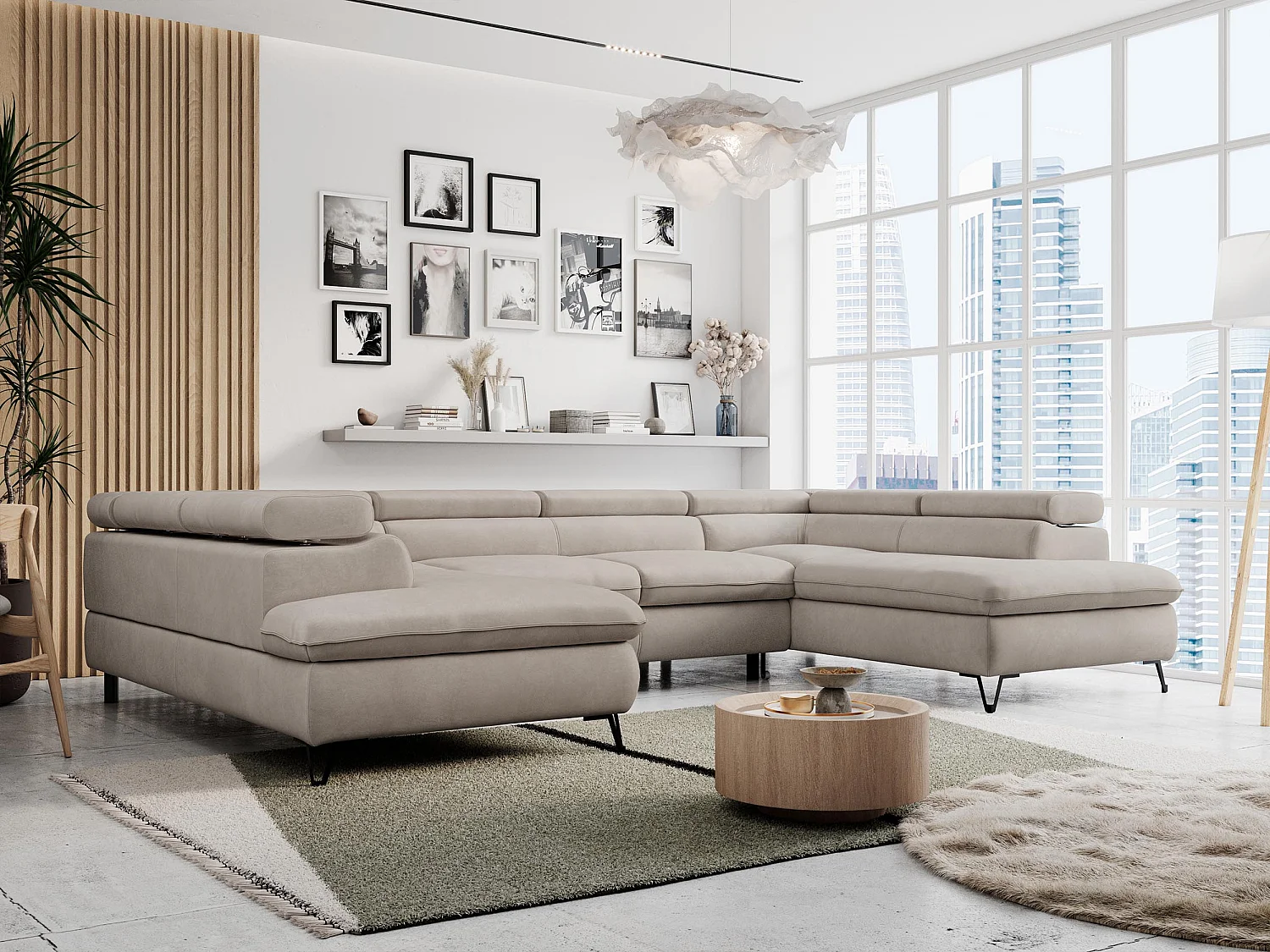 Ecksofa PETER U - schlaffunktion und Bettkästen, verstellbare Kopfstützen - Beige Velvet