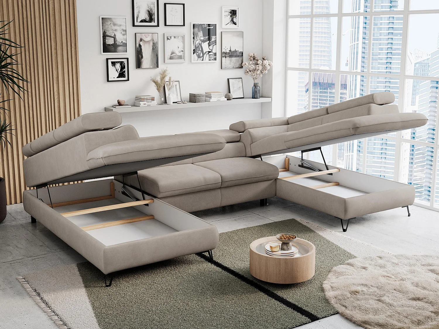 Ecksofa PETER U - schlaffunktion und Bettkästen, verstellbare Kopfstützen - Beige Velvet