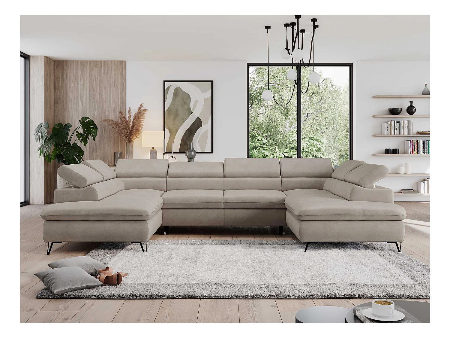 Ecksofa PEDRO U - XXL U-förmige Ecke, schlaffunktion und Bettkästen - Beige Velvet