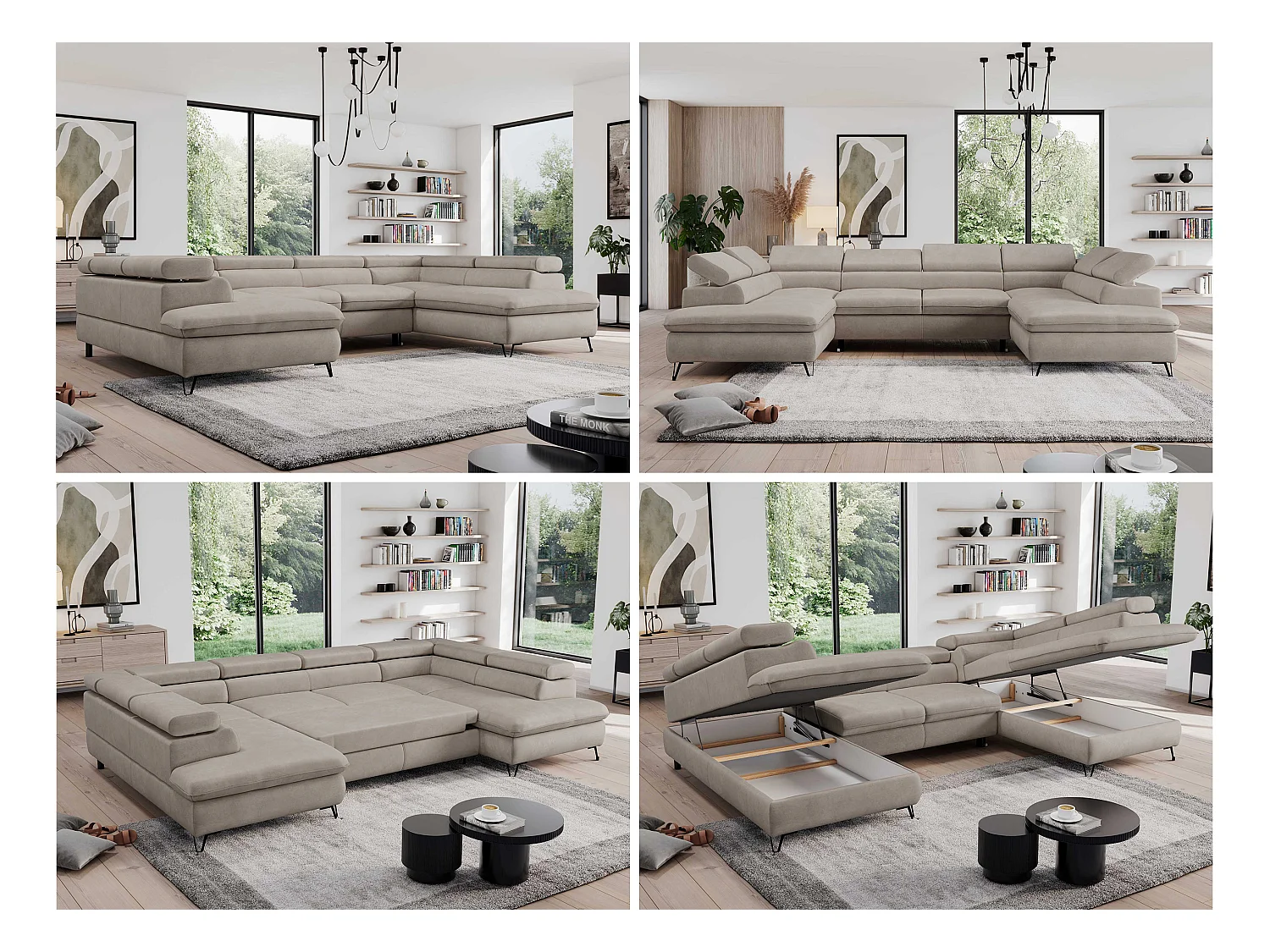 Ecksofa PEDRO U - XXL U-förmige Ecke, schlaffunktion und Bettkästen - Beige Velvet