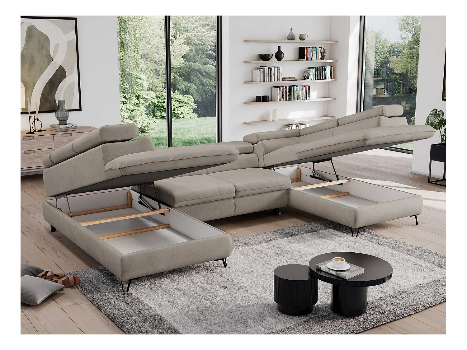 Ecksofa PEDRO U - XXL U-förmige Ecke, schlaffunktion und Bettkästen - Beige Velvet