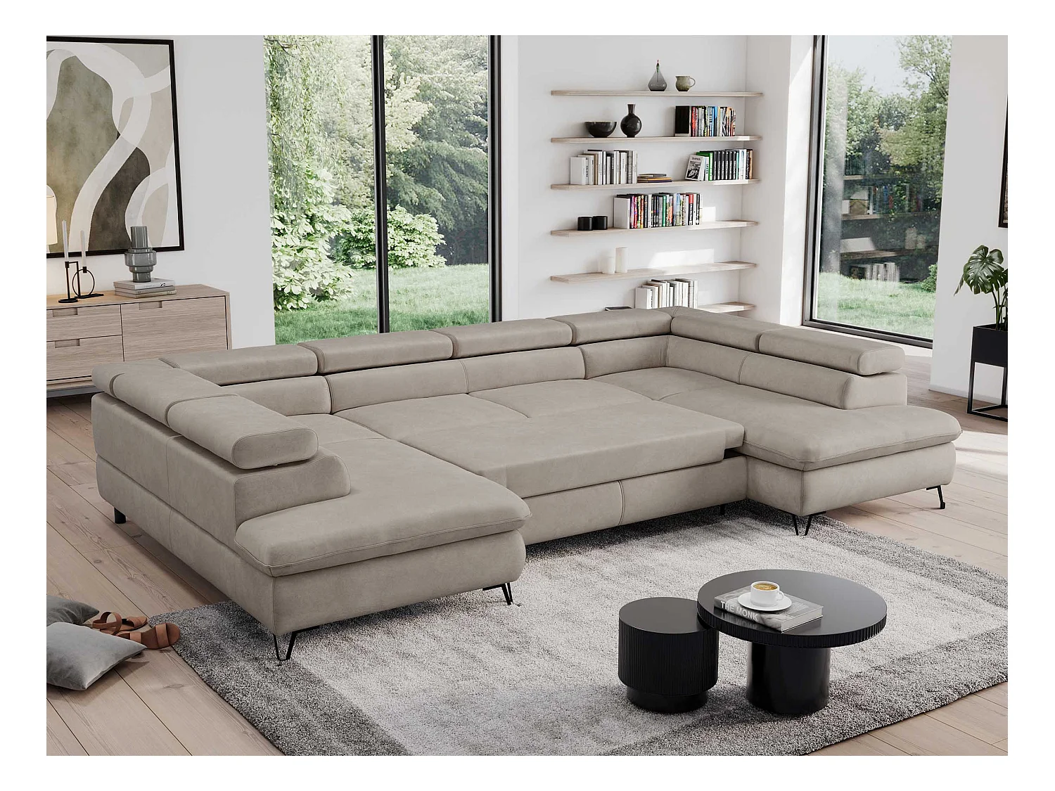 Ecksofa PEDRO U - XXL U-förmige Ecke, schlaffunktion und Bettkästen - Beige Velvet