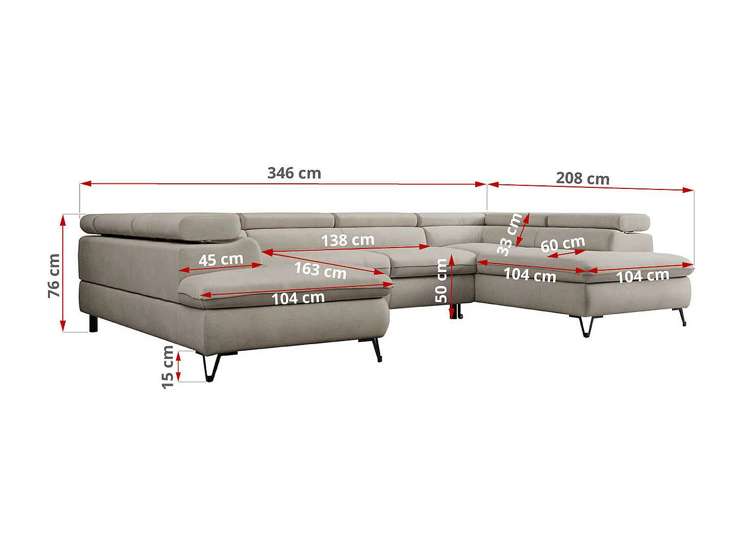 Ecksofa PEDRO U - XXL U-förmige Ecke, schlaffunktion und Bettkästen - Beige Velvet
