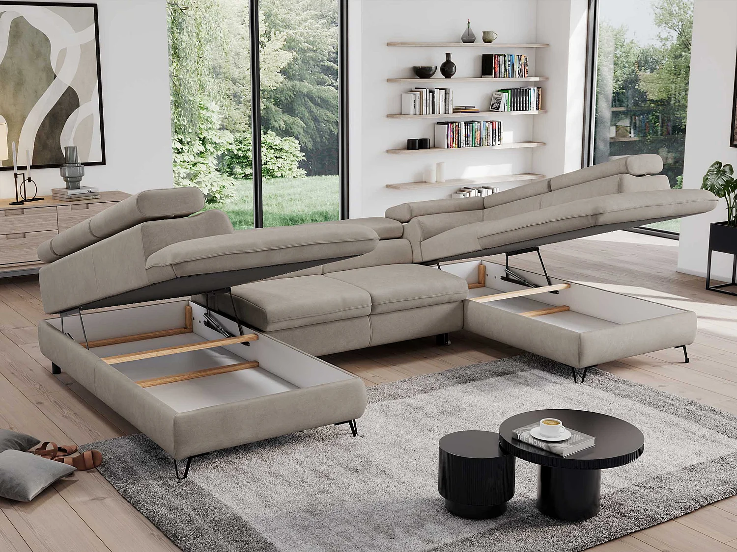 Ecksofa PEDRO U - XXL U-förmige Ecke, schlaffunktion und Bettkästen - Beige Velvet