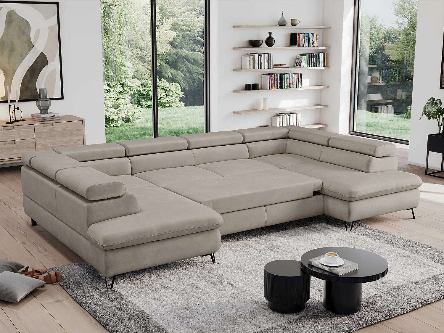 Ecksofa PEDRO U - XXL U-förmige Ecke, schlaffunktion und Bettkästen - Beige Velvet