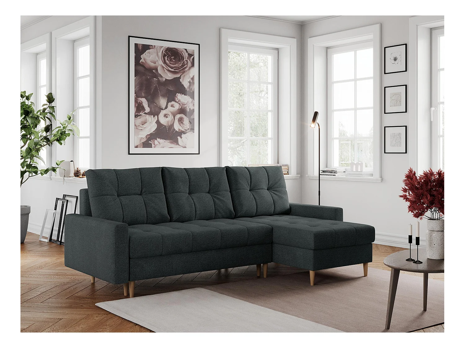 Ecksofa COLIN - gesteppte Sitzfläche, mit Schlaffunktion - Dunkelgrau Stukture