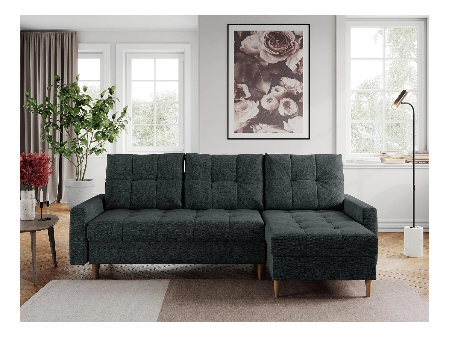 Ecksofa COLIN - gesteppte Sitzfläche, mit Schlaffunktion - Dunkelgrau Stukture