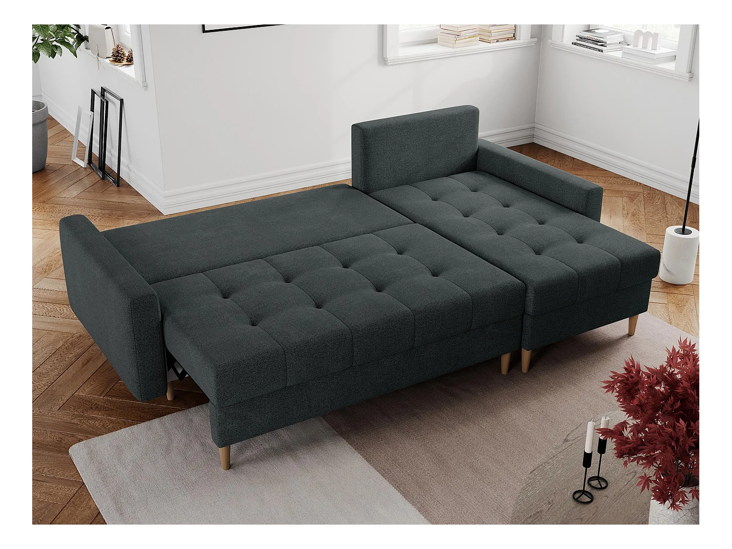 Ecksofa COLIN - gesteppte Sitzfläche, mit Schlaffunktion - Dunkelgrau Stukture