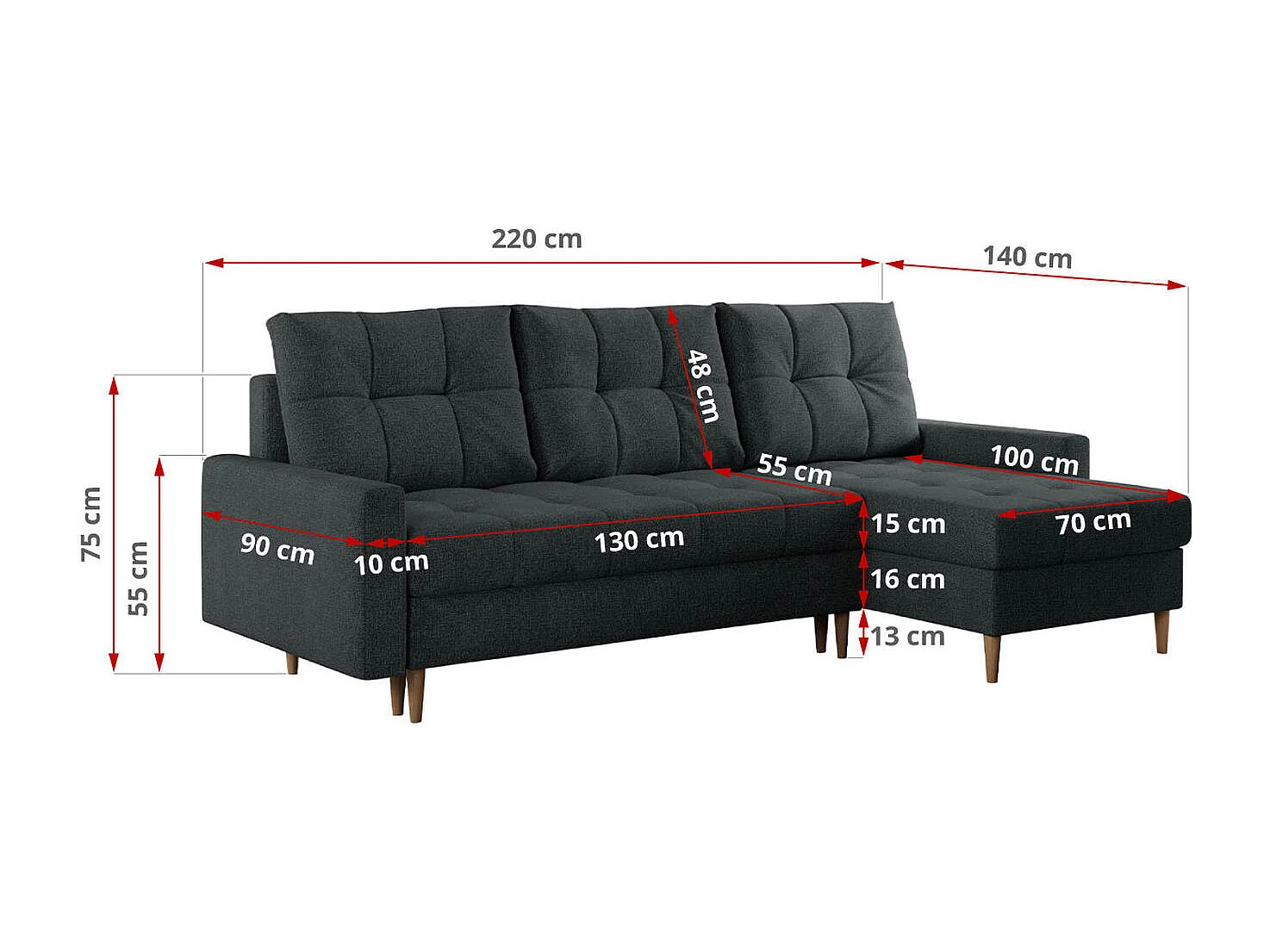 Ecksofa COLIN - gesteppte Sitzfläche, mit Schlaffunktion - Dunkelgrau Stukture