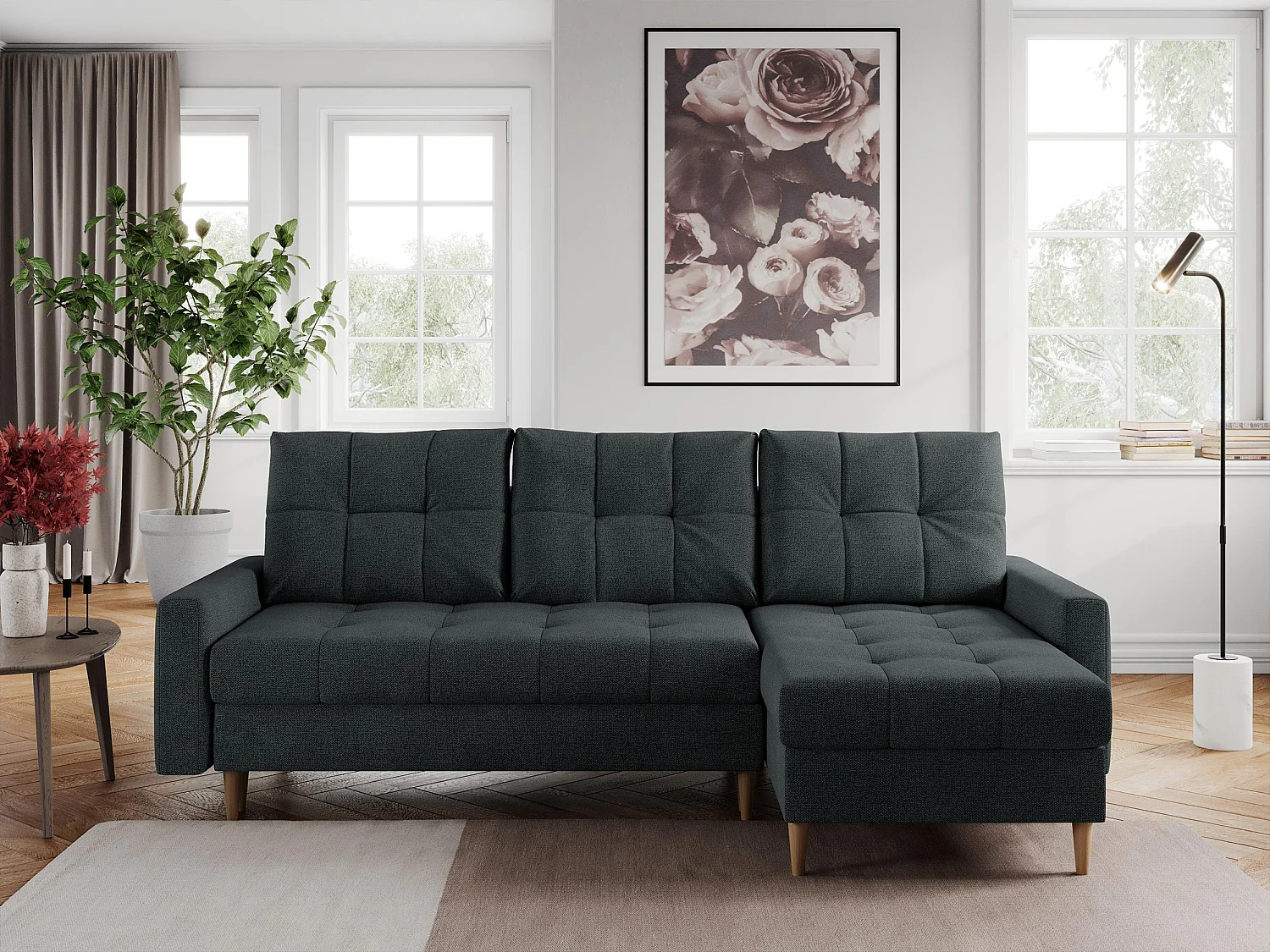 Ecksofa COLIN - gesteppte Sitzfläche, mit Schlaffunktion - Dunkelgrau Stukture