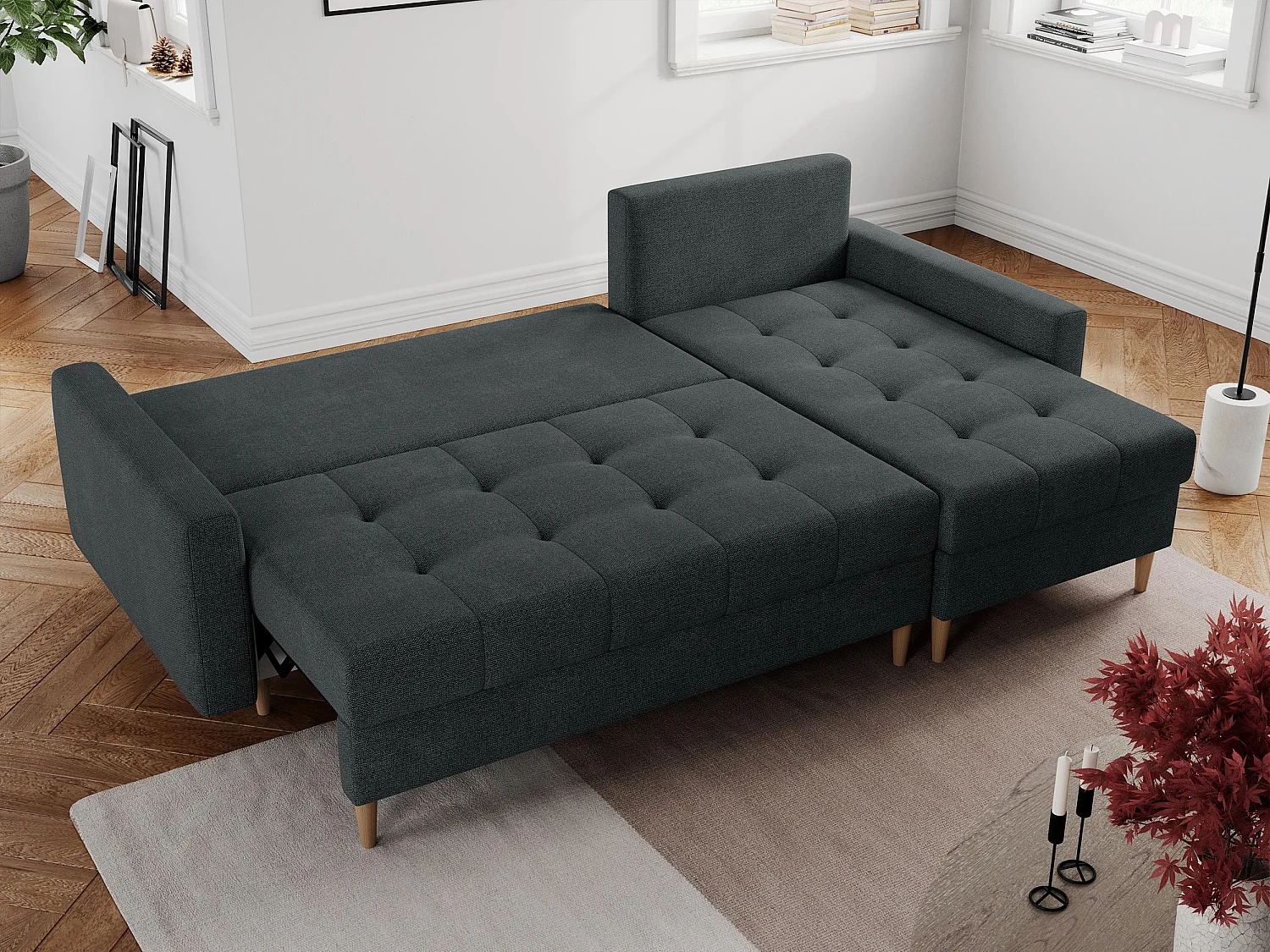 Ecksofa COLIN - gesteppte Sitzfläche, mit Schlaffunktion - Dunkelgrau Stukture