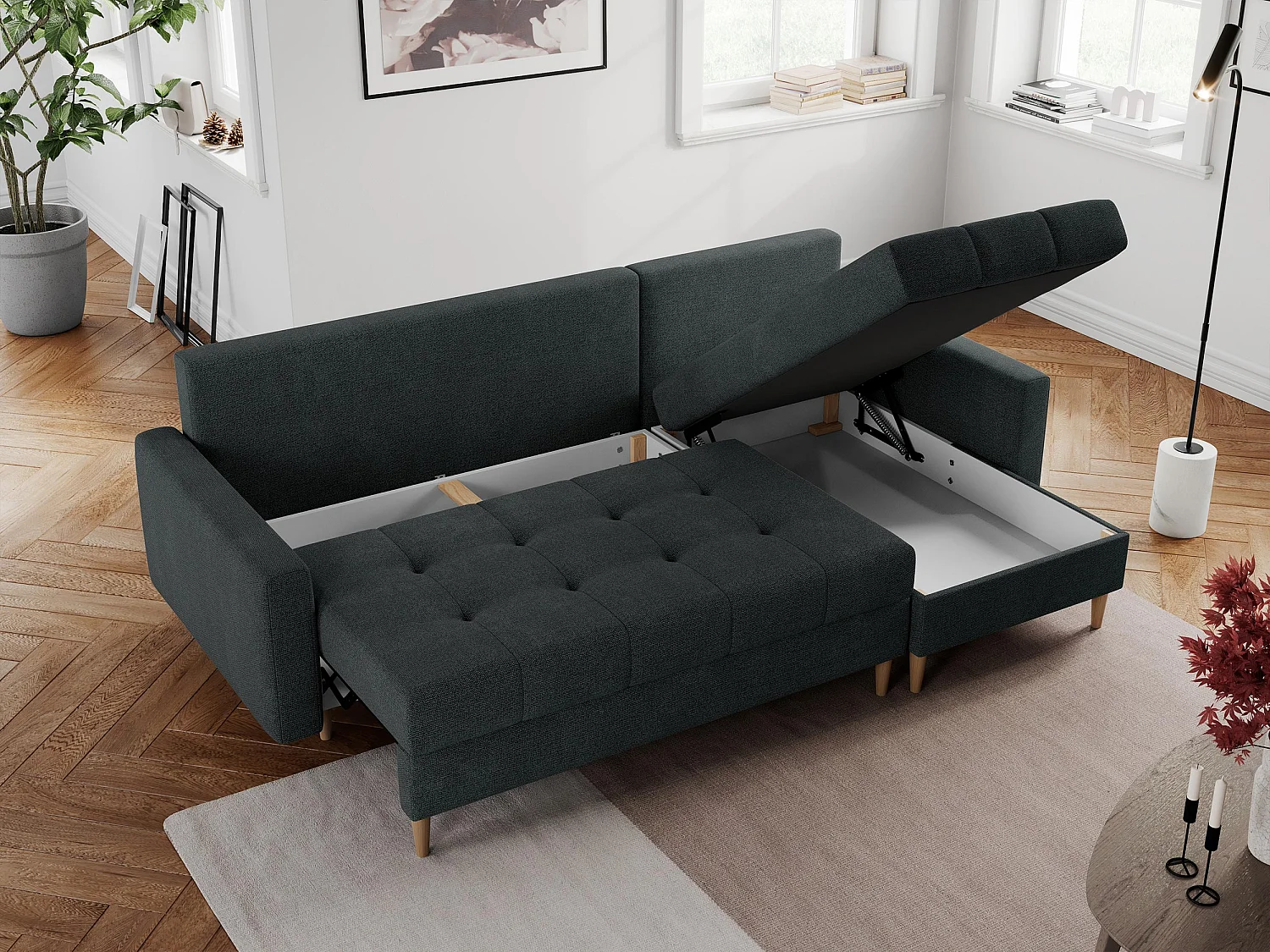 Ecksofa COLIN - gesteppte Sitzfläche, mit Schlaffunktion - Dunkelgrau Stukture