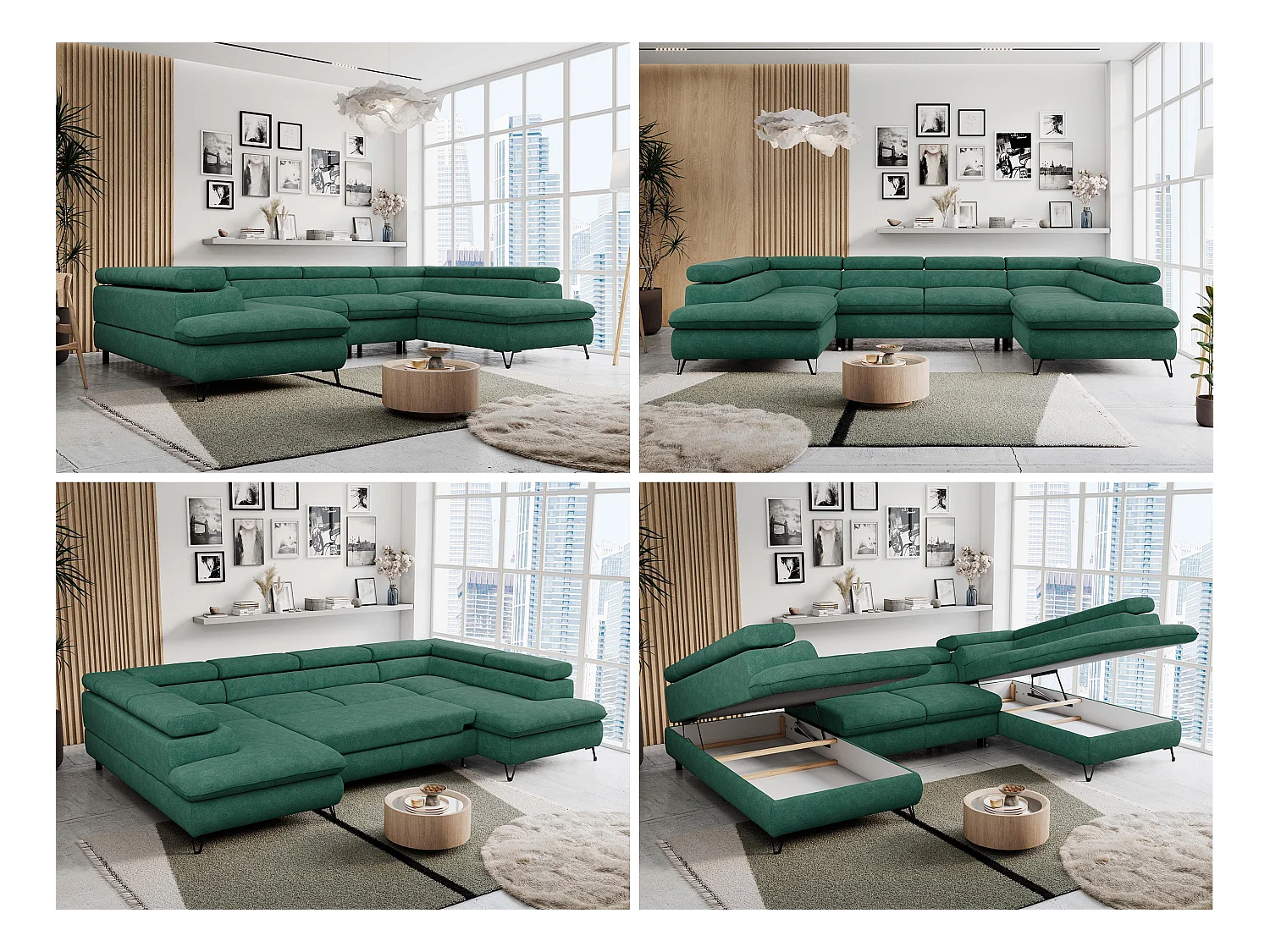 Ecksofa PETER U - schlaffunktion und Bettkästen, verstellbare Kopfstützen - Türkis Stukture