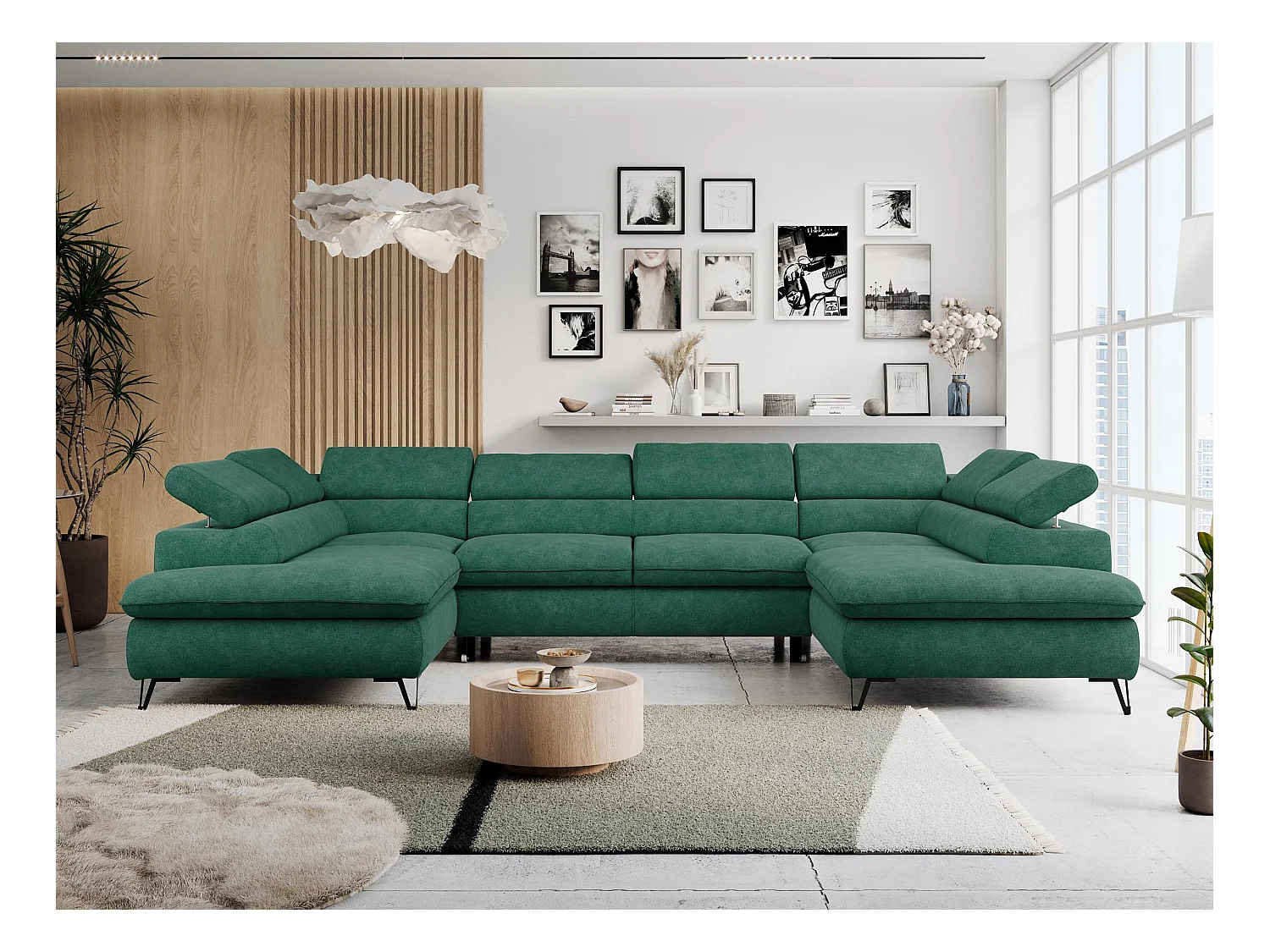 Ecksofa PETER U - schlaffunktion und Bettkästen, verstellbare Kopfstützen - Türkis Stukture