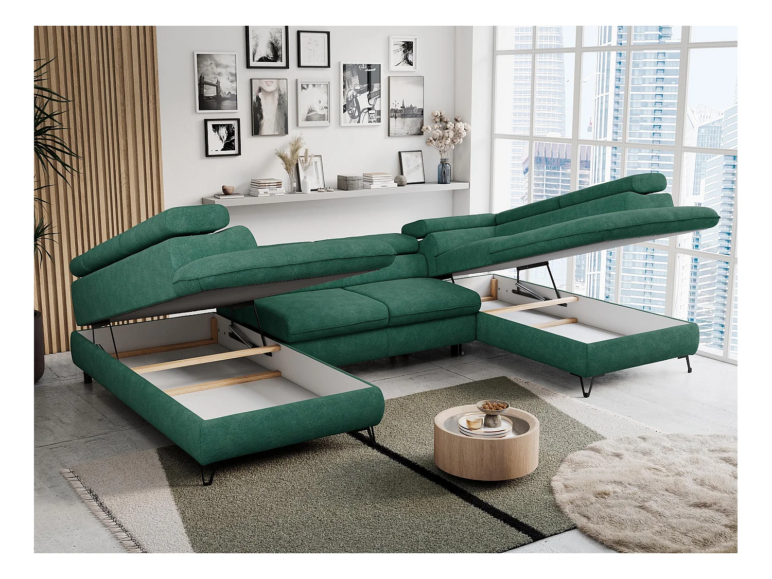 Ecksofa PETER U - schlaffunktion und Bettkästen, verstellbare Kopfstützen - Türkis Stukture