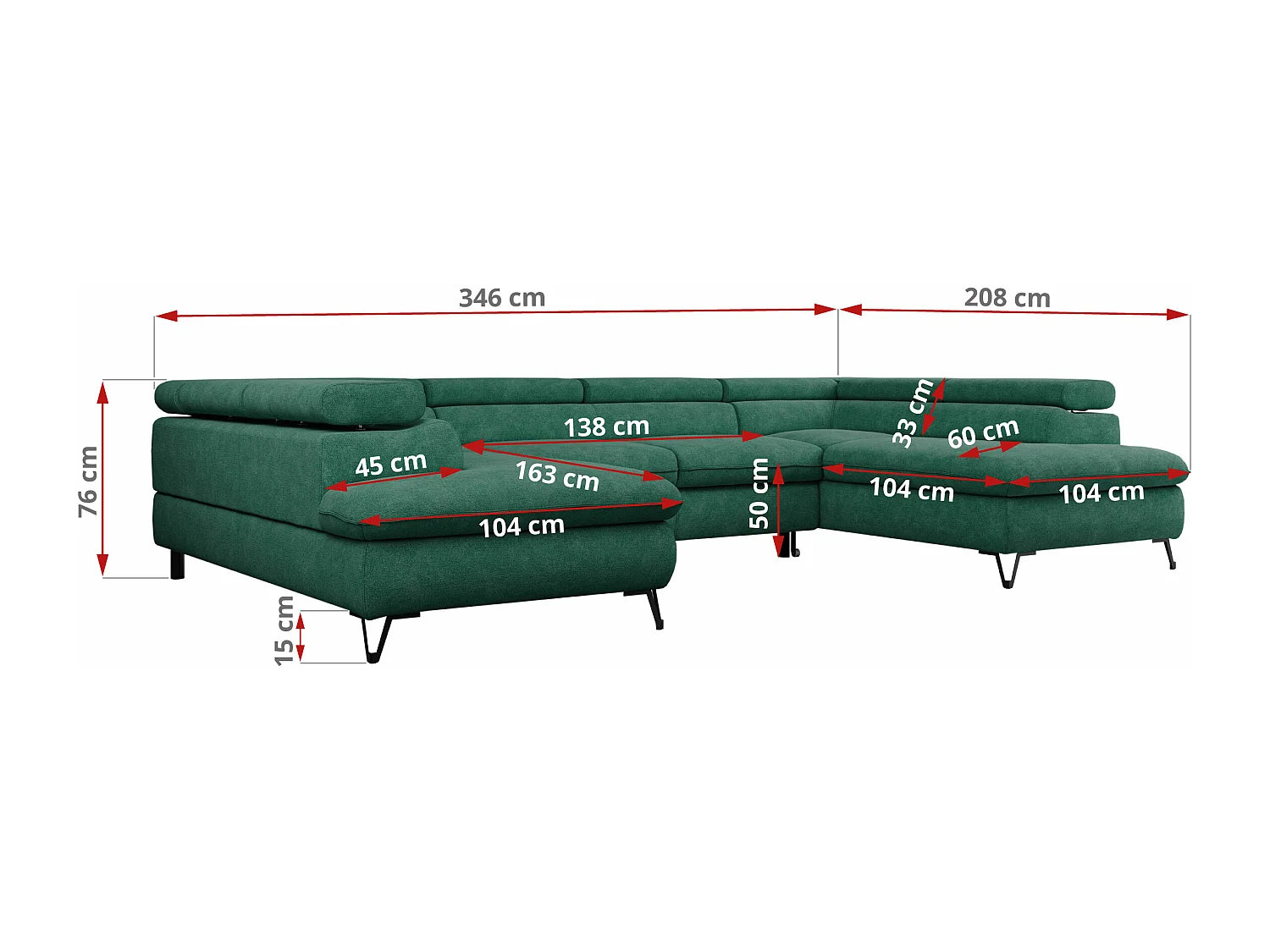 Ecksofa PETER U - schlaffunktion und Bettkästen, verstellbare Kopfstützen - Türkis Stukture