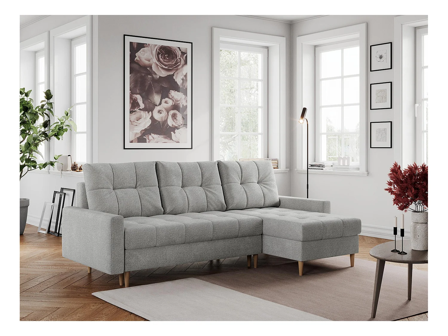 Ecksofa COLIN - gesteppte Sitzfläche, mit Schlaffunktion - Hellgrau Stukture