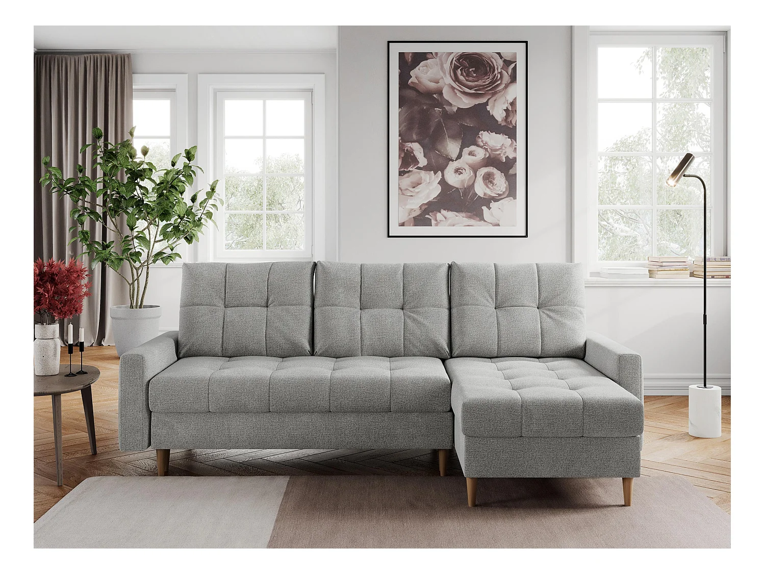 Ecksofa COLIN - gesteppte Sitzfläche, mit Schlaffunktion - Hellgrau Stukture