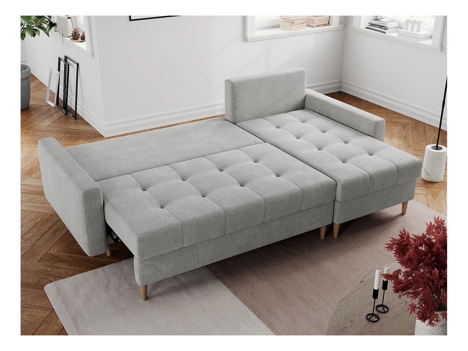 Ecksofa COLIN - gesteppte Sitzfläche, mit Schlaffunktion - Hellgrau Stukture