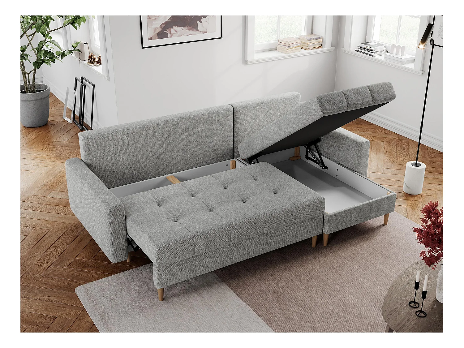 Ecksofa COLIN - gesteppte Sitzfläche, mit Schlaffunktion - Hellgrau Stukture