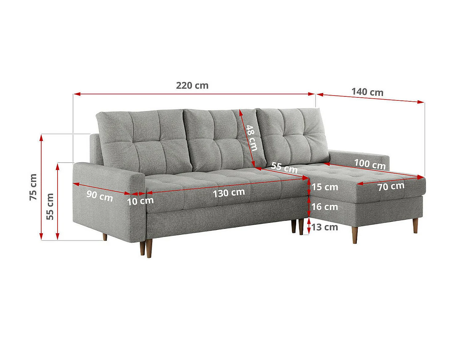 Ecksofa COLIN - gesteppte Sitzfläche, mit Schlaffunktion - Hellgrau Stukture