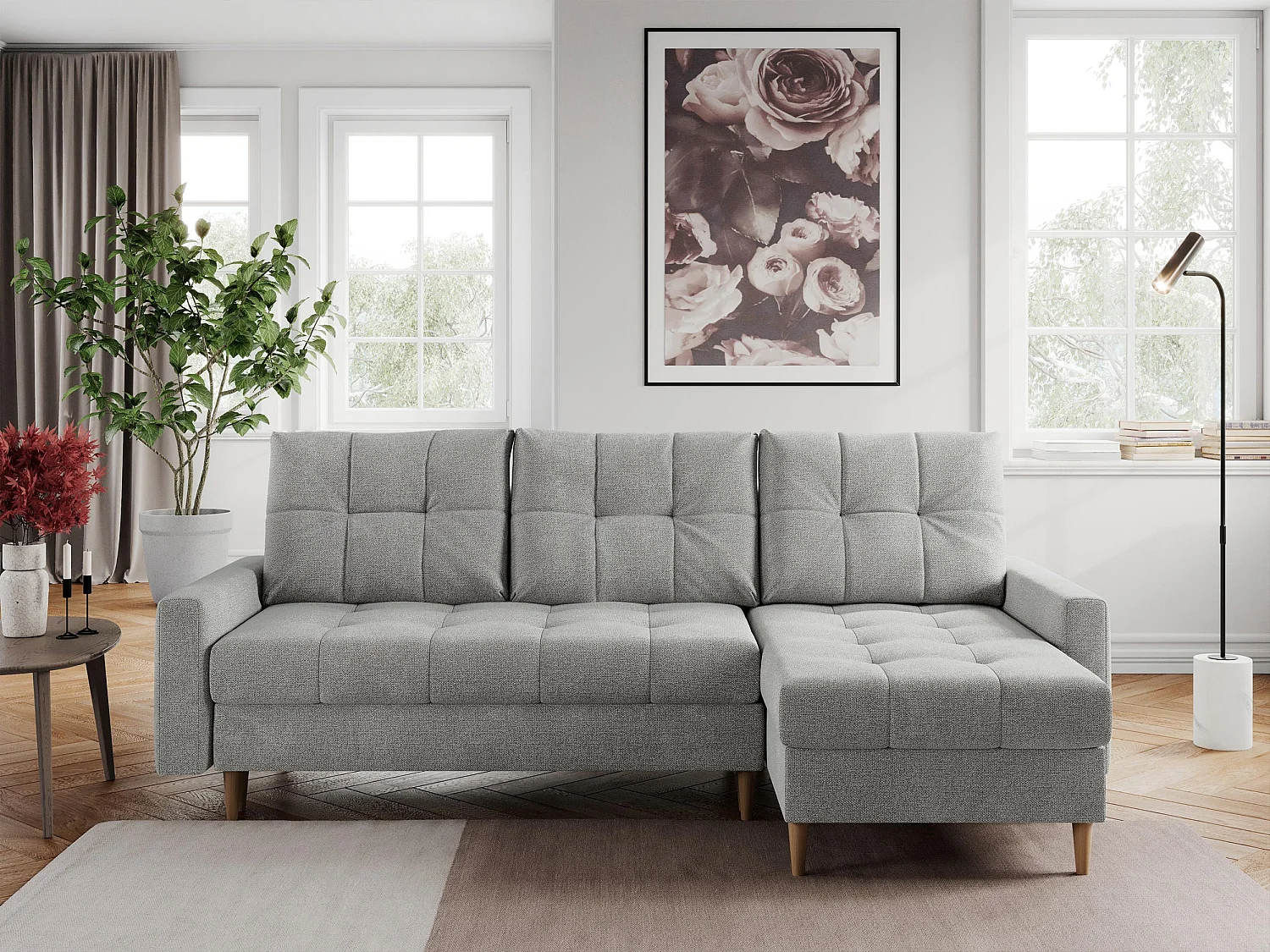 Ecksofa COLIN - gesteppte Sitzfläche, mit Schlaffunktion - Hellgrau Stukture