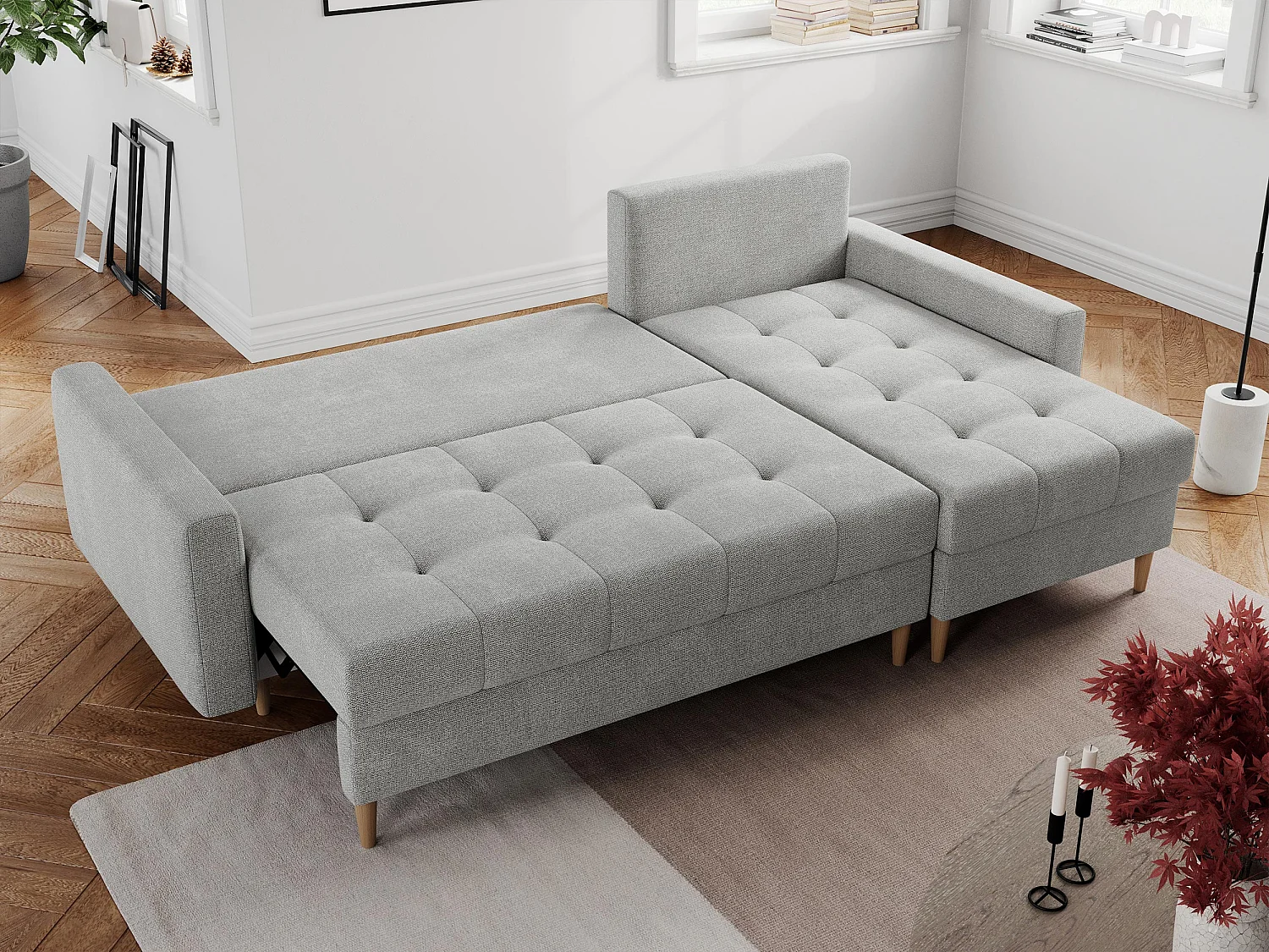 Ecksofa COLIN - gesteppte Sitzfläche, mit Schlaffunktion - Hellgrau Stukture