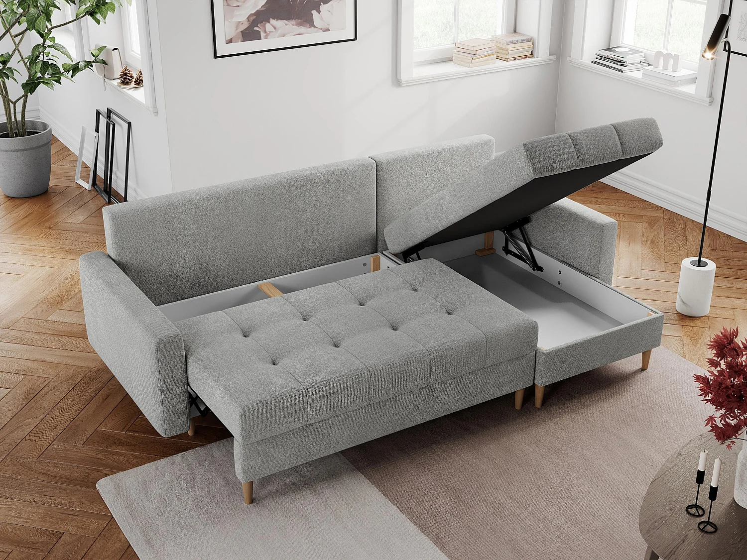 Ecksofa COLIN - gesteppte Sitzfläche, mit Schlaffunktion - Hellgrau Stukture