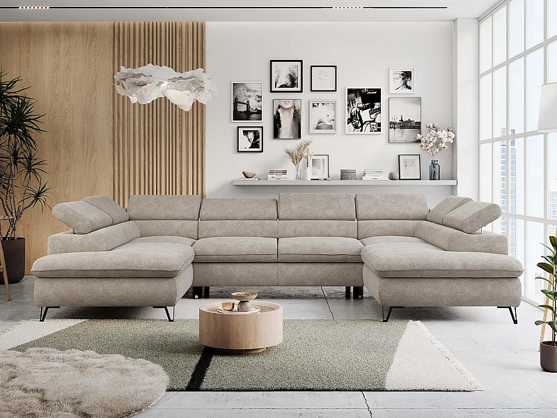 Ecksofa PETER U - schlaffunktion und Bettkästen, verstellbare Kopfstützen - Beige Stukture